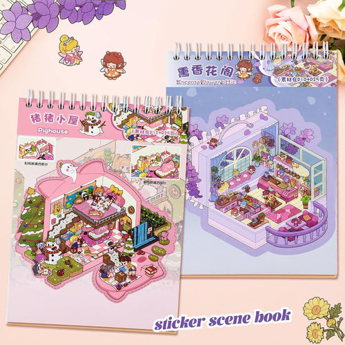 20 Sets DIY 3D Sticker Scene Collection Book DIY 3D House Stickers Make Your Own Sticker Therapy Cute Cartoon Stickers Scenes for Relief Stress Pass The Time (Blue - 20 Sets)