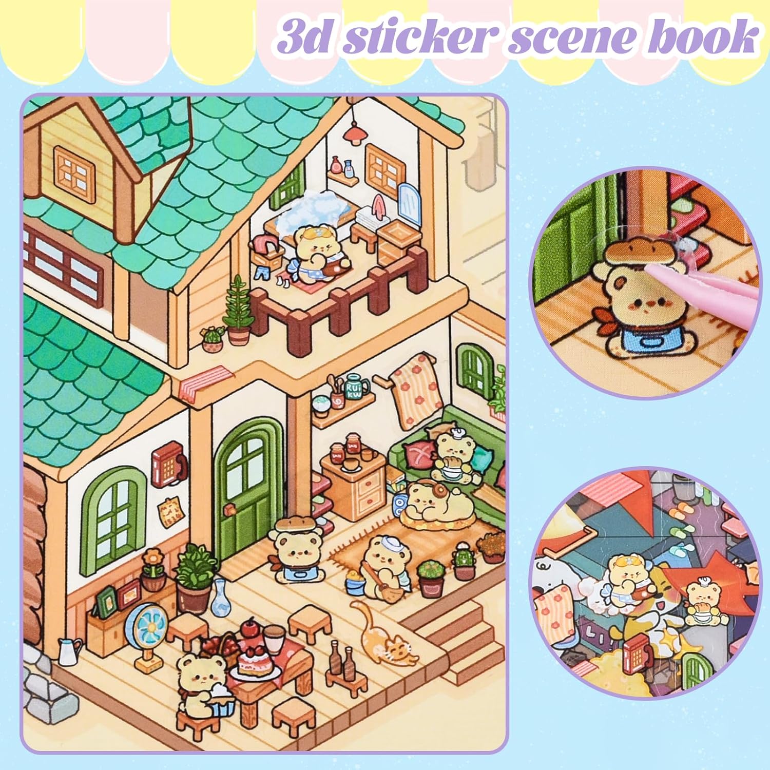 20 Sets DIY 3D Sticker Scene Collection Book DIY 3D House Stickers Make Your Own Sticker Therapy Cute Cartoon Stickers Scenes for Relief Stress Pass The Time (Blue - 20 Sets)