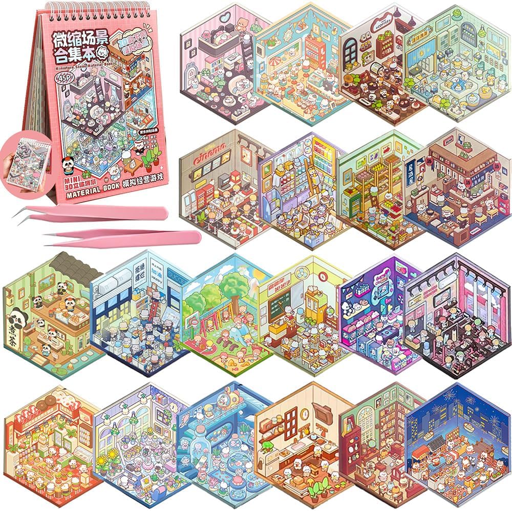 3D Sticker Scene Book for Adults, 20pcs DIY House Stickers Therapy Stress Relief DIY Craft with 2 Tweezers, Creative Funny Gift for Christmas