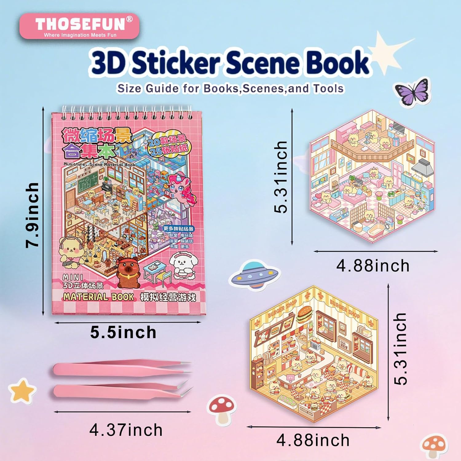 20 Sets DIY 3D Sticker Scene, Sticker Therapy Scenes Collection Book for Adults Stress Relief Pass The Time, Make Your Own House Miniature Cute Cartoon Animal Isometric Scene Funny Stickers