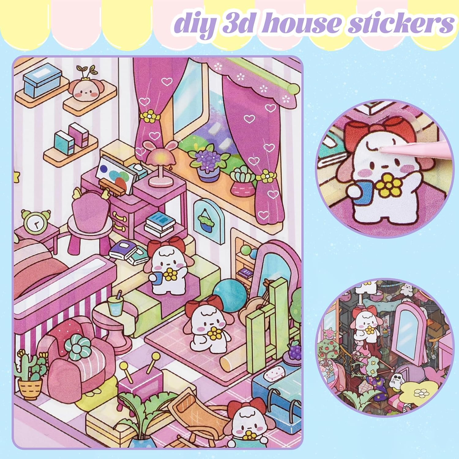 20 Sets DIY 3D Sticker Scene Collection Book DIY 3D House Stickers Make Your Own Sticker Therapy Cute Cartoon Stickers Scenes for Relief Stress Pass The Time (Blue - 20 Sets)