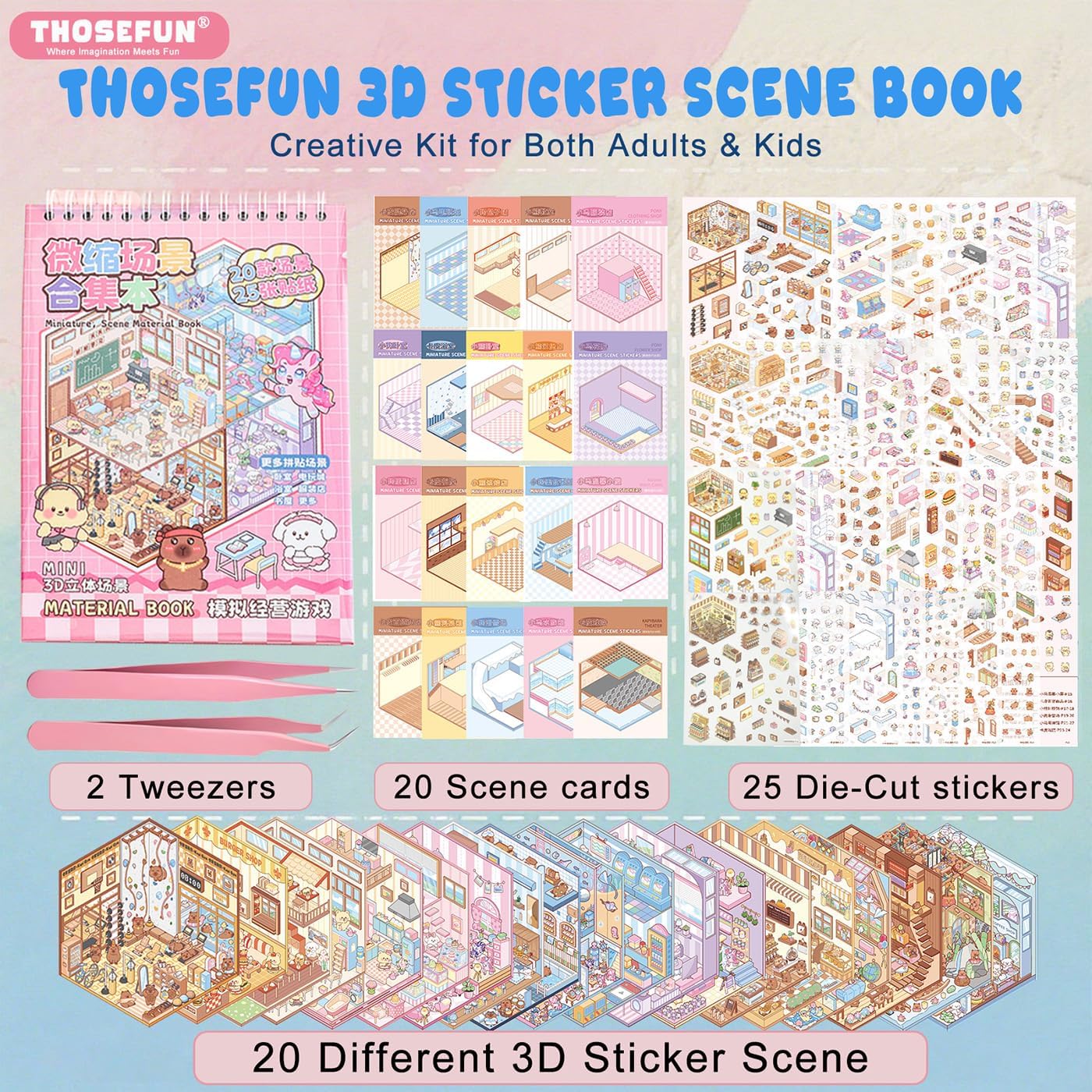 20 Sets DIY 3D Sticker Scene, Sticker Therapy Scenes Collection Book for Adults Stress Relief Pass The Time, Make Your Own House Miniature Cute Cartoon Animal Isometric Scene Funny Stickers