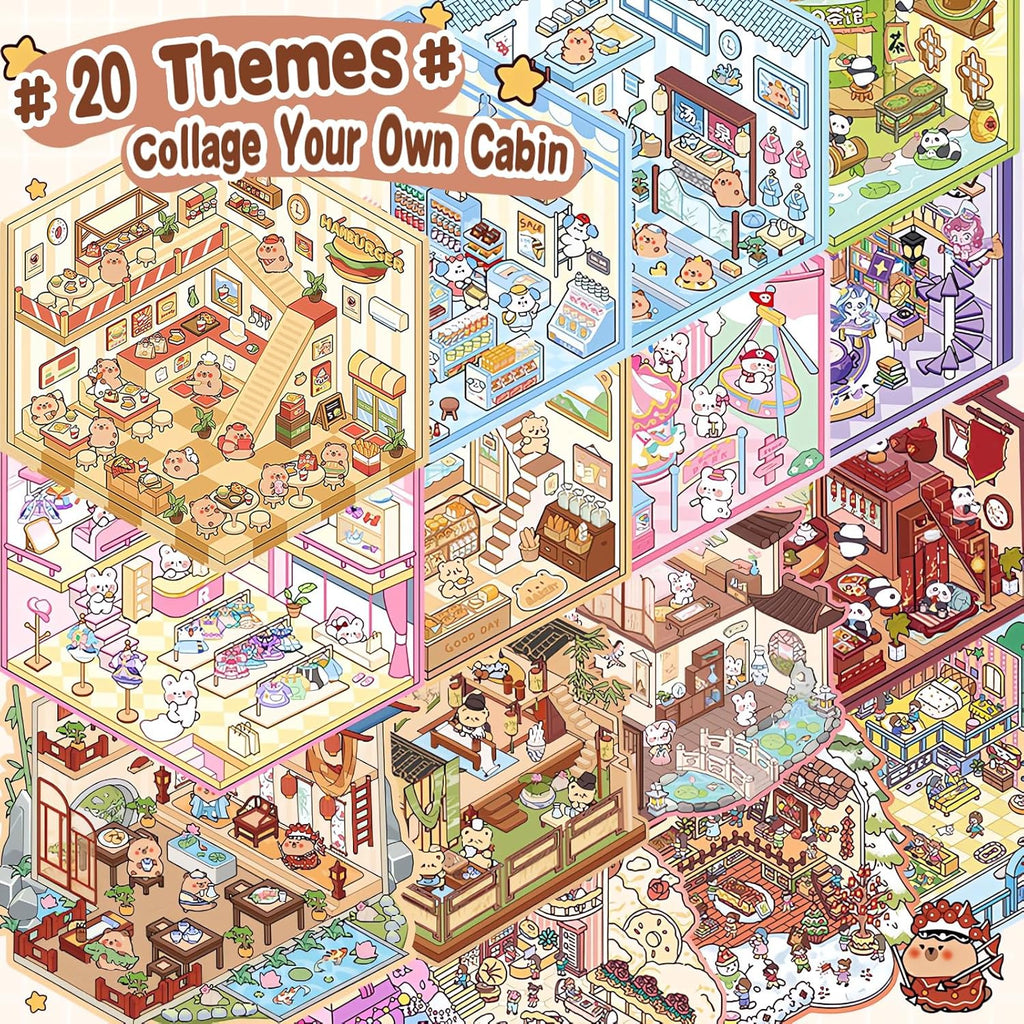 20 Sets DIY 3D Sticker Scene Collection Book for Kids Adults Cute Make Your Own Shop House Stickers for Gifts Stickers Therapy for Adult Relief Stress Pass The Time Play Park Hamburg Castle Library