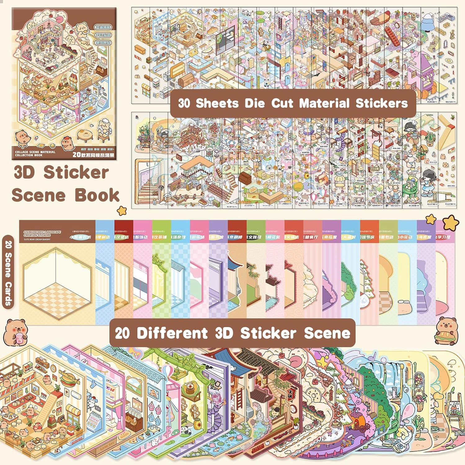 20 Sets DIY 3D Sticker Scene Collection Book for Kids Adults Cute Make Your Own Shop House Stickers for Gifts Stickers Therapy for Adult Relief Stress Pass The Time Play Park Hamburg Castle Library